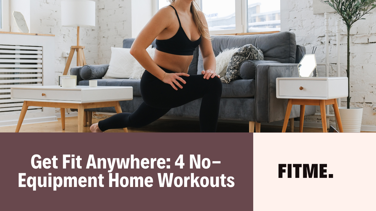 Woman doing a lunge in a well-lit living room as part of a no-equipment home workout routine