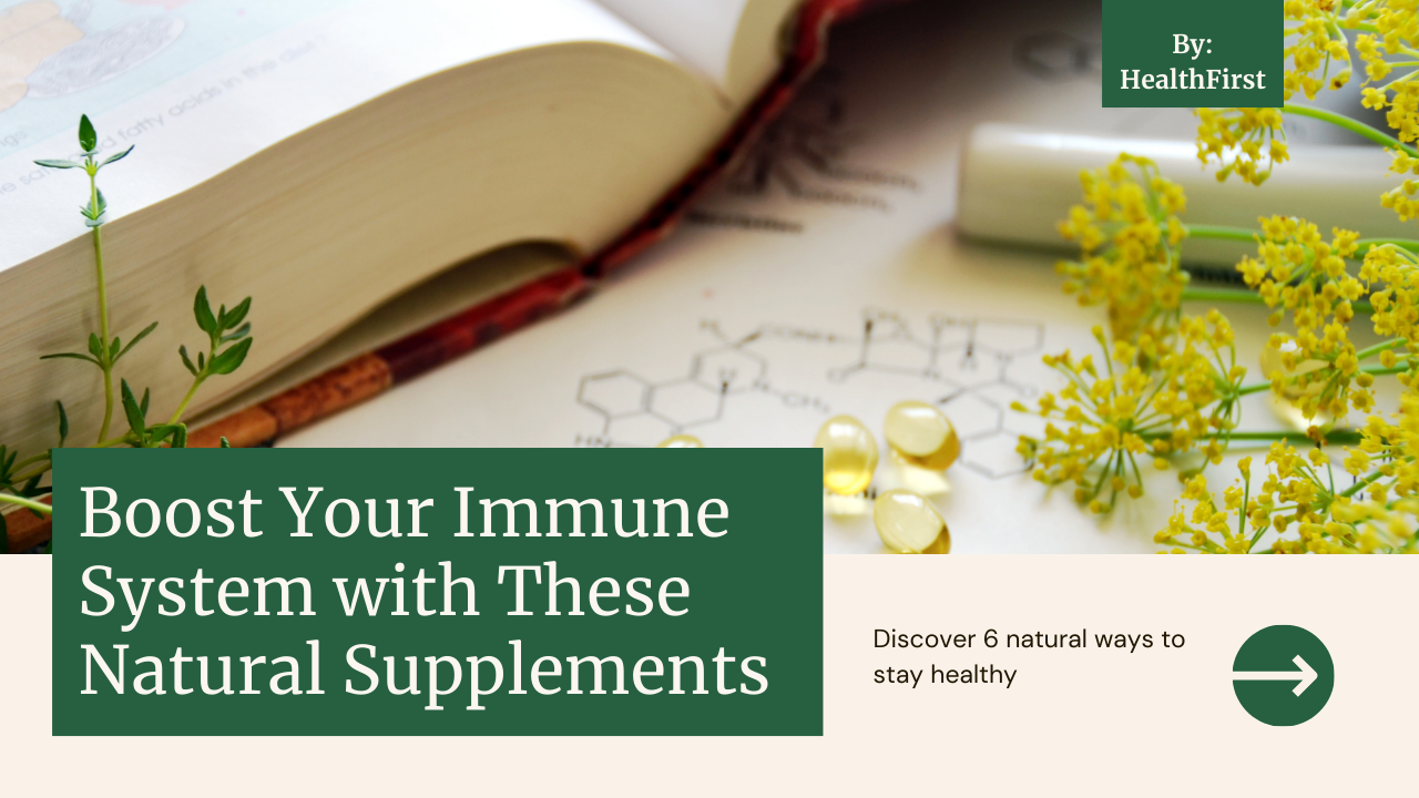 A diverse selection of natural supplements, including Vitamin C-rich fruits, Zinc capsules, Elderberry syrup, Echinacea extract, Probiotics-rich foods, and fresh garlic cloves.