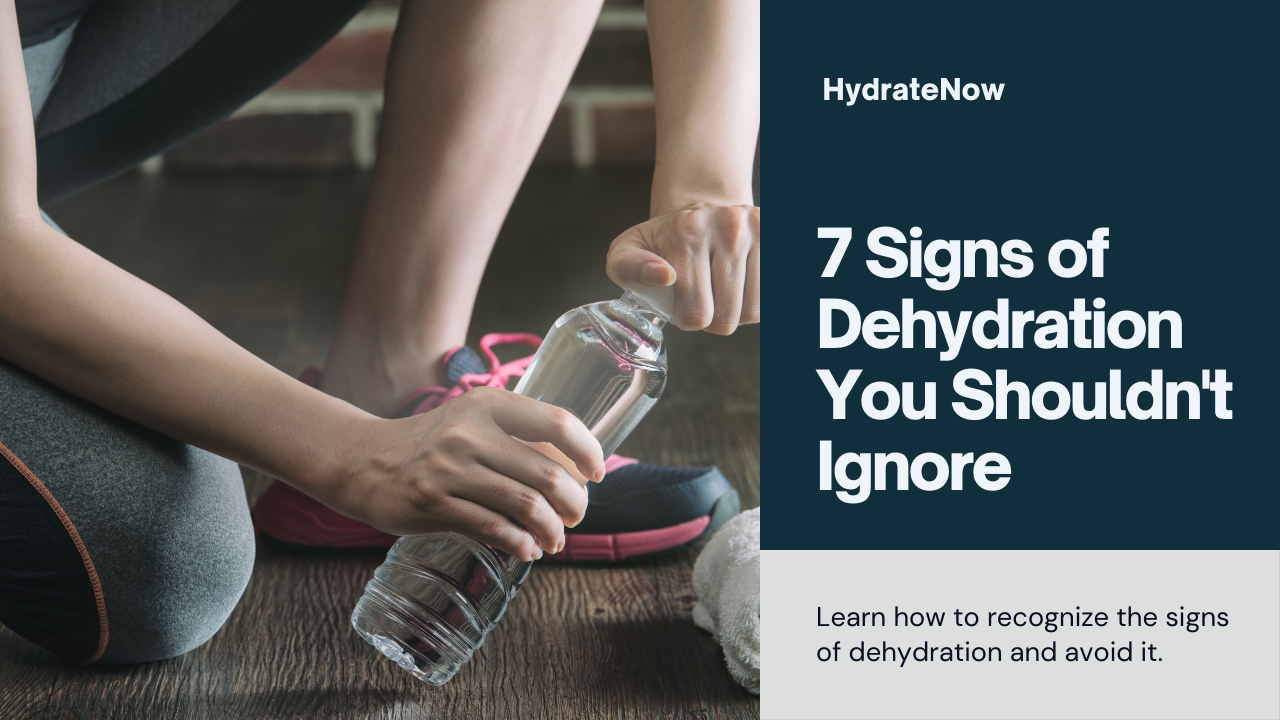 Image highlighting the importance of recognizing signs of dehydration for a healthier lifestyle. Water droplets, bottle, and wellness symbols with text - 7 Signs of Dehydration You Shouldn't Ignore by HealthGlean