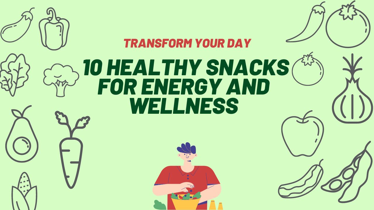 Assortment of healthy snacks including fresh fruits, nuts, yogurt, and whole grains on a wooden table, symbolizing energy and wellness.