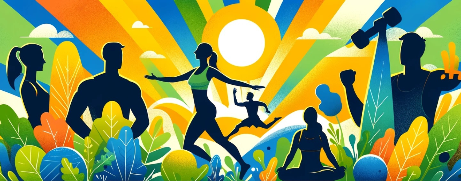 Vibrant illustration of diverse people engaging in various healthy activities against a backdrop of sunrays and foliage.