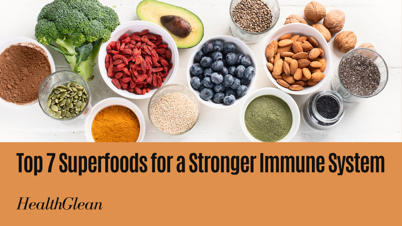 Image of various superfoods including citrus fruits, berries, spinach, yogurt, almonds, and green tea, representing immune-boosting foods.