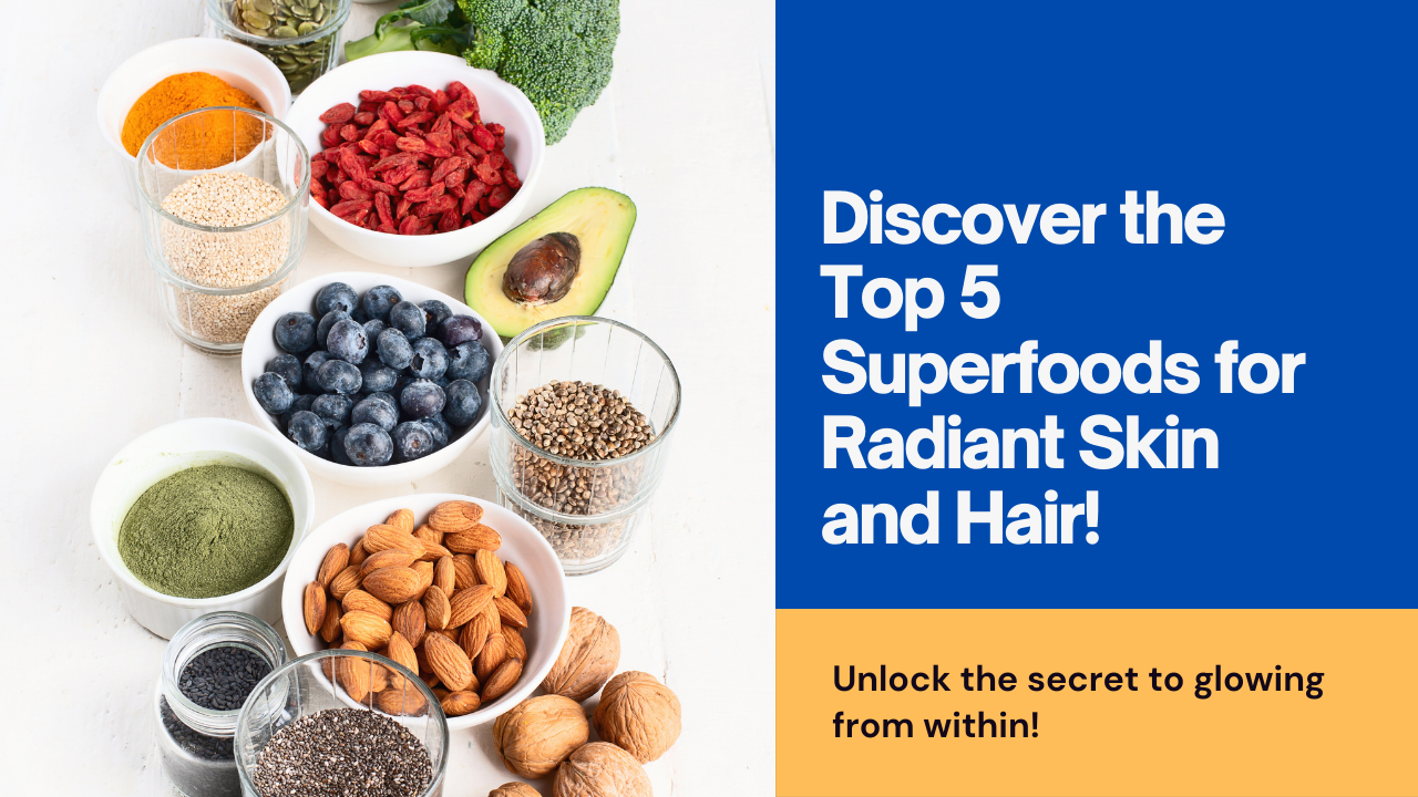 Assorted superfoods including avocado, berries, salmon, spinach, and almonds, representing top foods for radiant skin and hair.