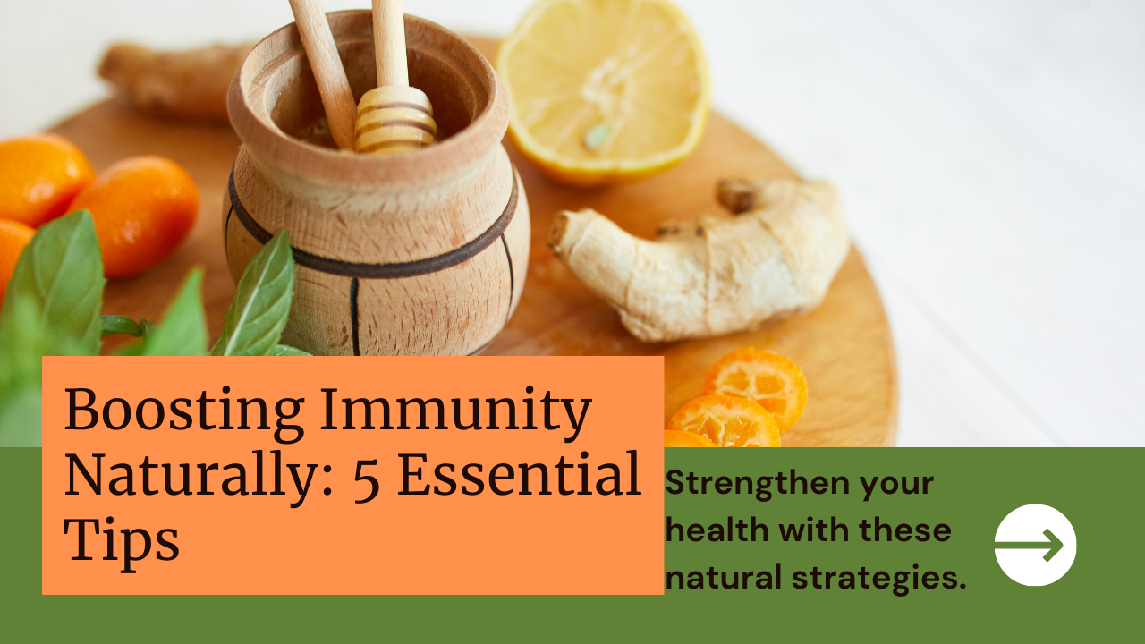 An image illustrating the concept of boosting immunity naturally with colorful fruits, vegetables, and water glasses.