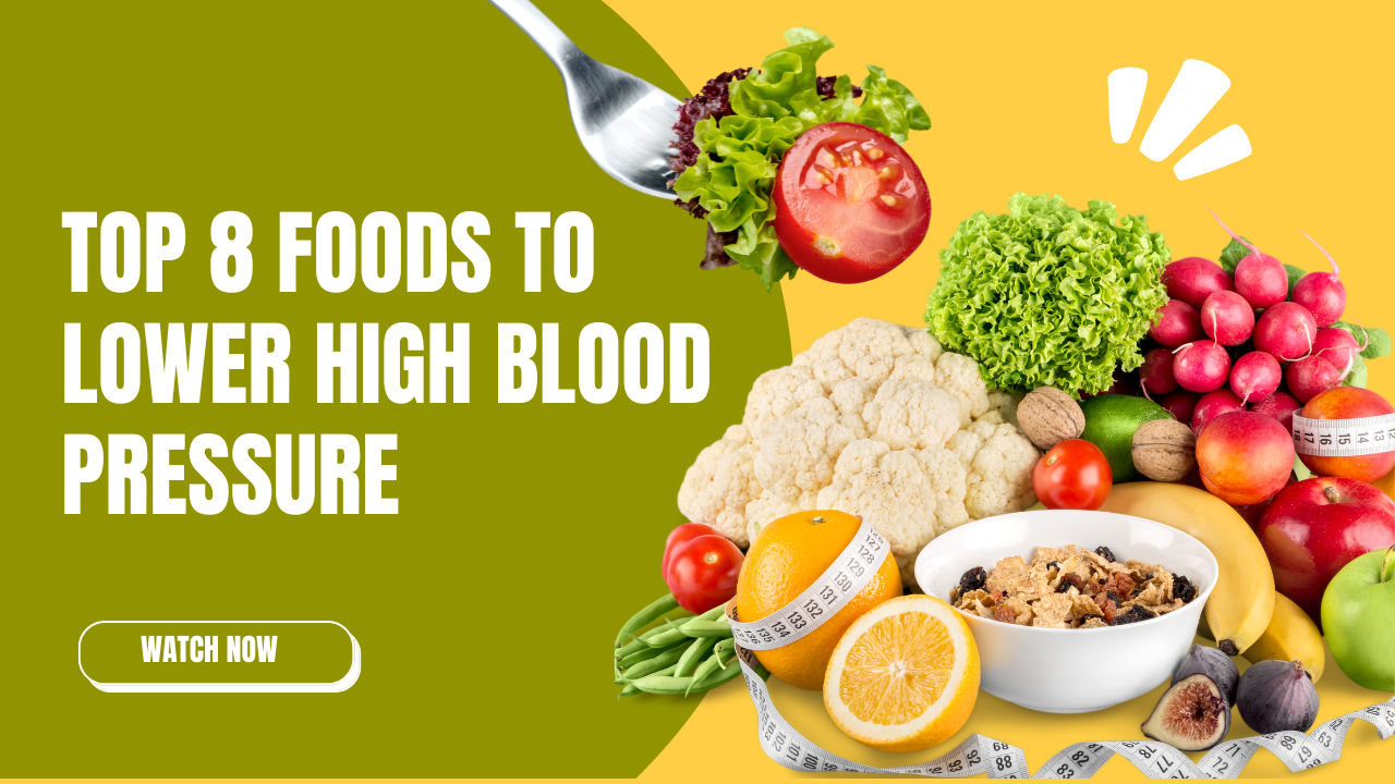 A selection of foods to lower high blood pressure, including leafy greens, berries, beets, oats, bananas, fatty fish, garlic, and dark chocolate.