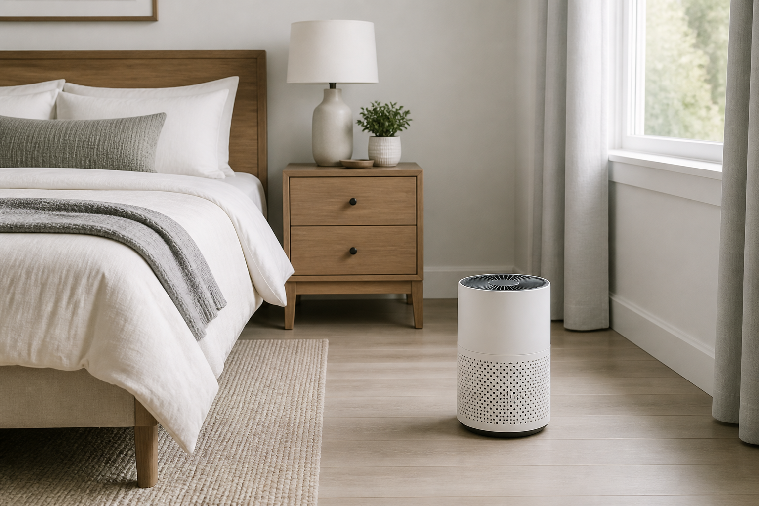 Generic small-bedroom scene showing an air purifier placed in an open airflow position a few feet from the bed.