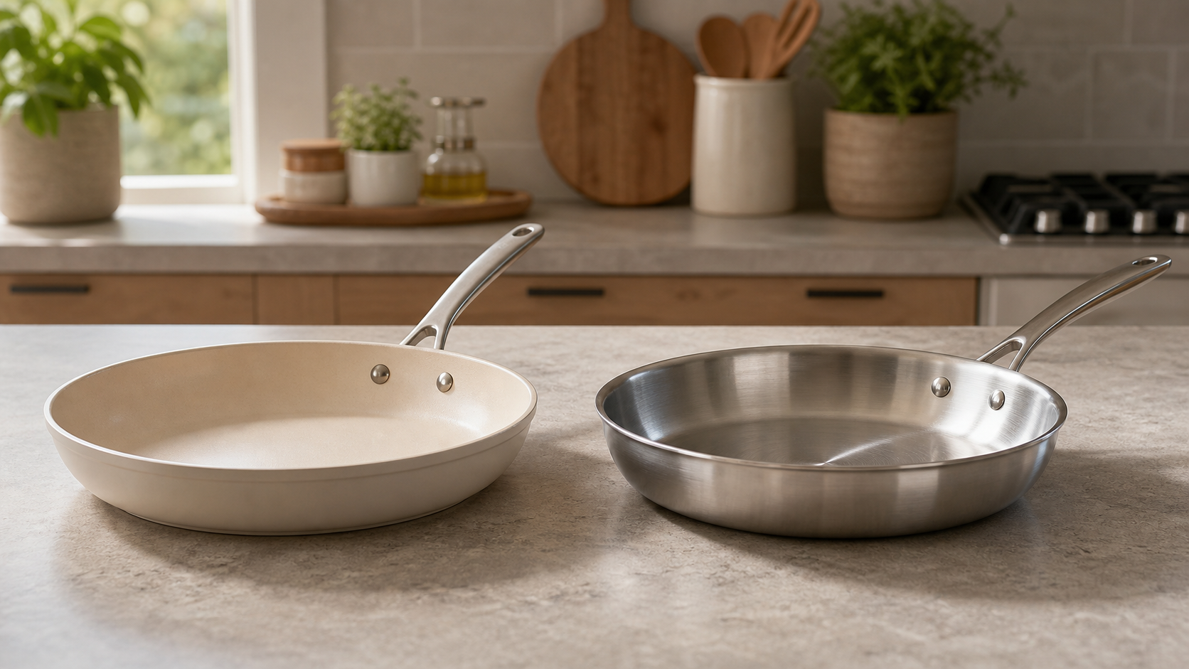 Ceramic-style skillet beside stainless steel skillet on a warm kitchen counter