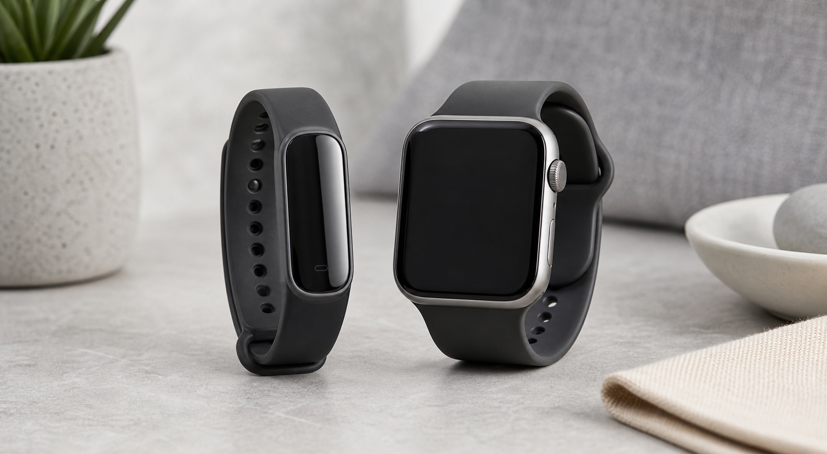 Generic side-by-side wearable image showing a slim fitness band and a smartwatch on a neutral surface.