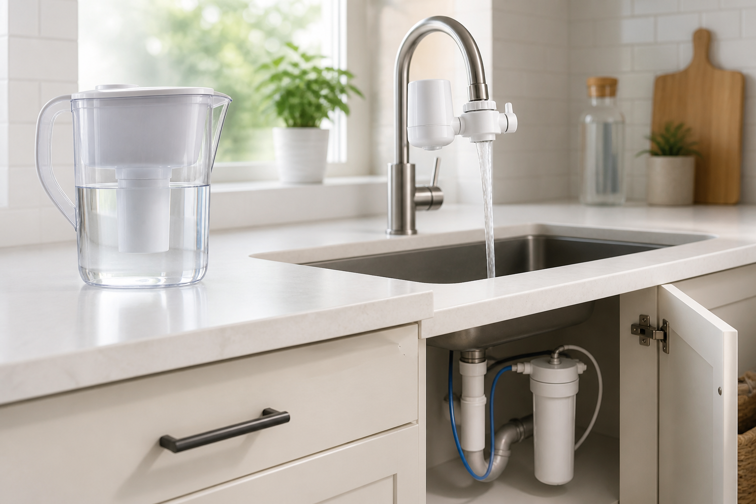 Generic kitchen scene showing a water-filter pitcher, a faucet filter setup, and an under-sink water-filter context.